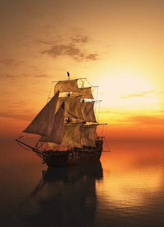 Vintage sailboat vmore at sunset.の写真素材