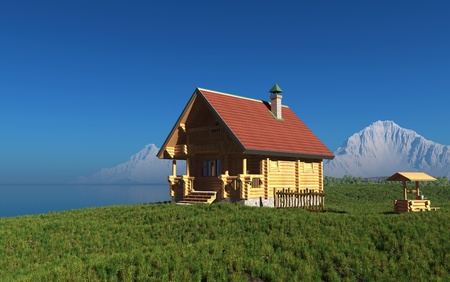 A wooden house on the background of the mountain landscape.の写真素材