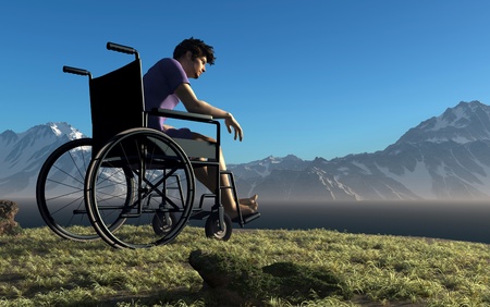 A man in a wheelchair outdoors.の写真素材