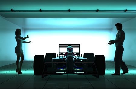 Silhouettes of people and racing cars.
