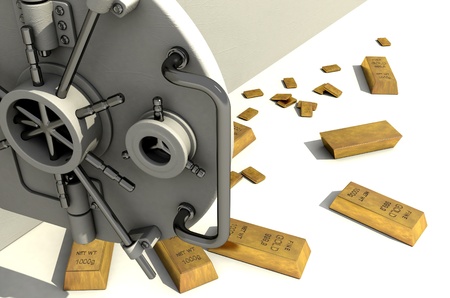 The safe door and gold bars on a white background.の写真素材