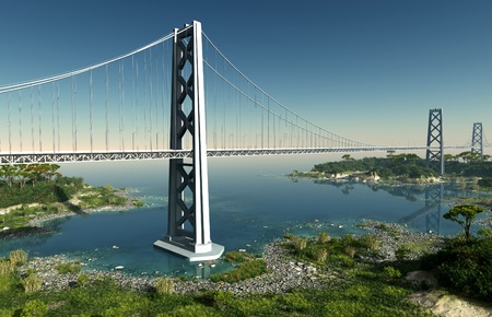 Modern bridge on green landscape.