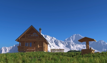 A wooden house on the background of the mountain landscape.の写真素材