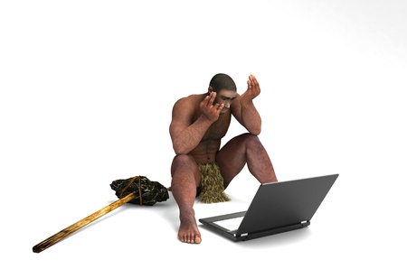 Primitive man with a laptop on a white background.の写真素材