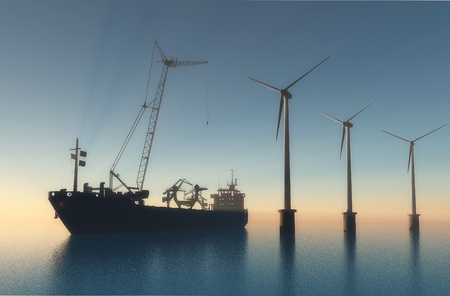 Ship building near Wind generators.の写真素材