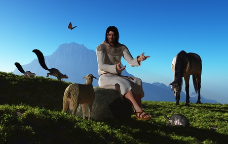Jesus is talking to animals in nature.の写真素材