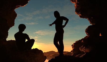 Silhouettes of people in the cave.の写真素材