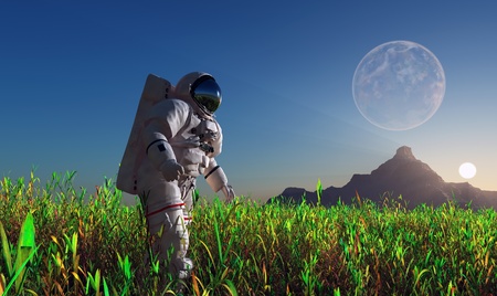 The astronaut on the green grass.の写真素材