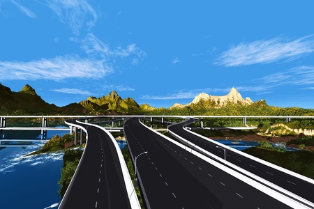 Many roads in mountainous terrain.