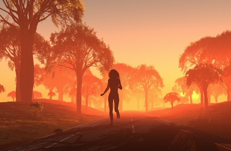 Girl runs on the road.の写真素材