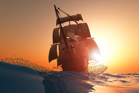 Antique sailing ship at sea.の写真素材
