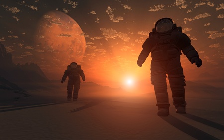 The astronauts on a background of a planet  の写真素材