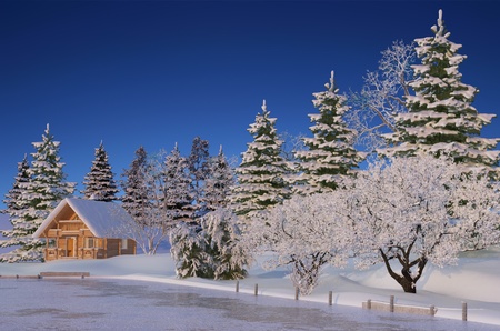 A wooden house near the woods, winter.の写真素材