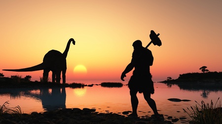 Ancient people against the evening landscape.の写真素材