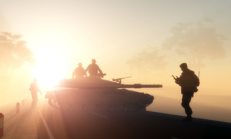 Silhouettes of the military in the sunlight.の写真素材