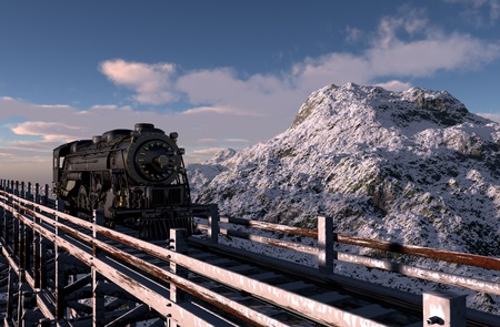 Old train on a wooden bridge in the mountains.の写真素材