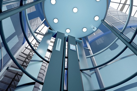 The interior of a modern building with an elevator.