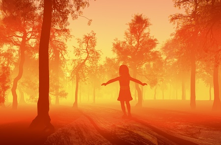 Silhouette of a girl in a forest.の写真素材