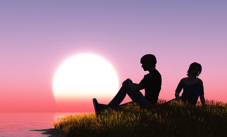 Silhouettes of the people on a backgroundon  of the evening sky.の写真素材