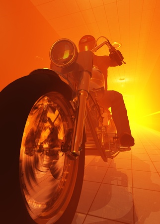 Silhouette of a rider on an orange background.の写真素材