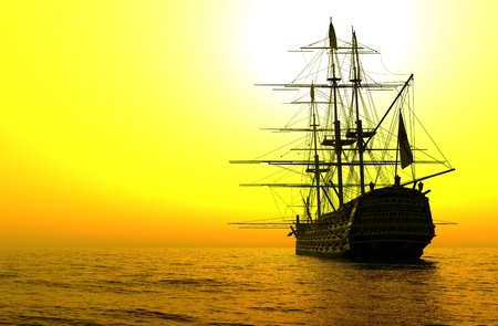 Yacht in the sea at sunsetの写真素材