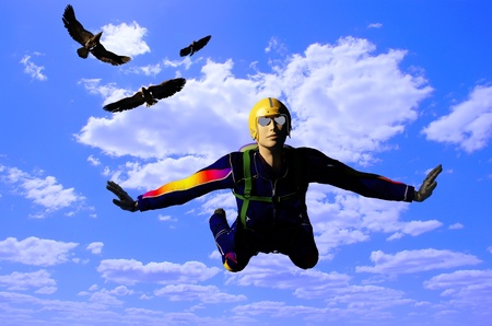 Parashutist and birds in the sky.の写真素材