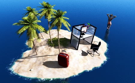 An island with computer and a girl in the sea.の写真素材