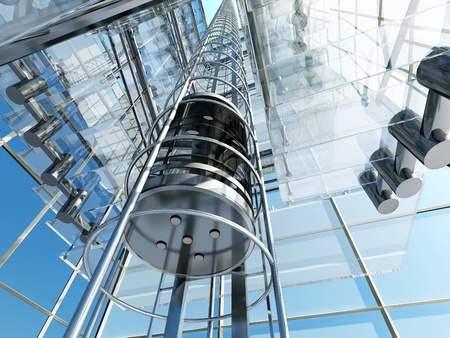 The interior of a modern building with an elevator.