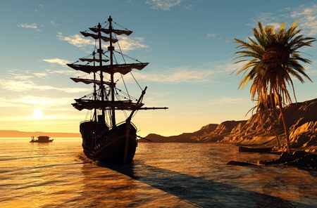 Sailboat near the beach at sunset.の写真素材