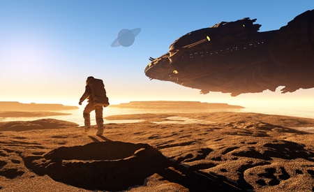 A silhouette of an astronaut in sunlight.の写真素材