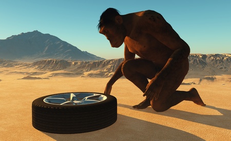 Primitive man has car wheels.の写真素材