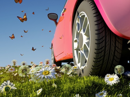 Car and butterflies on the grass.の写真素材
