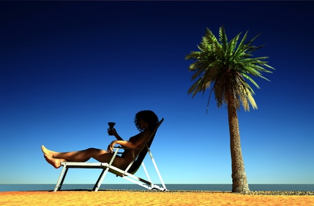 Girl resting on  island in the seaの写真素材