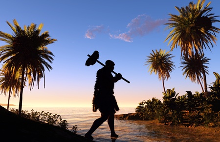 Ancient people against the evening landscape.の写真素材