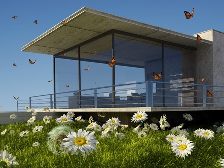 Modern cottage on the green grass.の写真素材