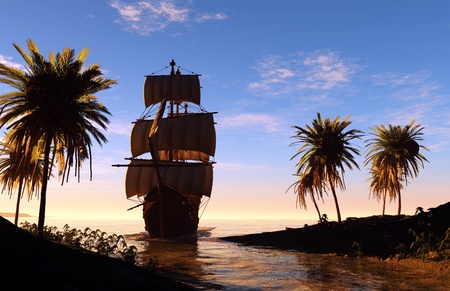 Sailboat near the beach at sunset.の写真素材