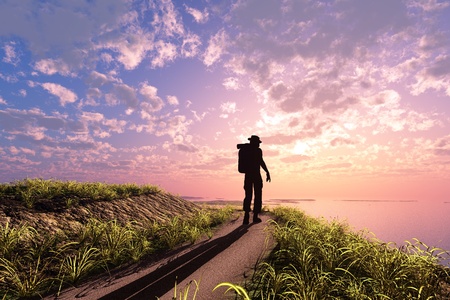 Silhouette the man on a background of the skyの写真素材