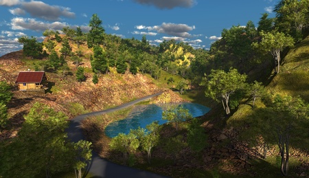 Lake near the road in the  forest.