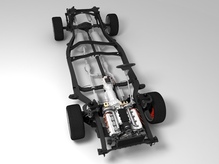 The vehicle's frame with the engine on a white background.