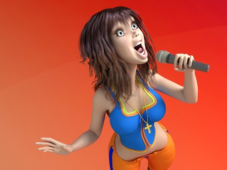 Cartoon girl singing with a microphone.の写真素材