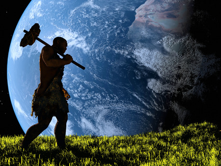 Primitive man walking on the grass on a background of the planet.の写真素材