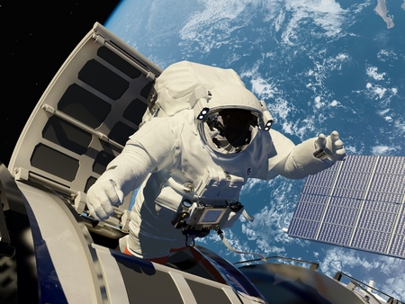 Astronaut goes through the hatch into space.