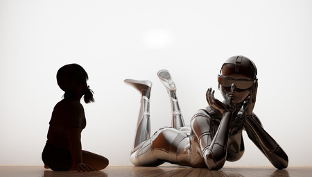 Silhouette of the girl and the robot on a white background.