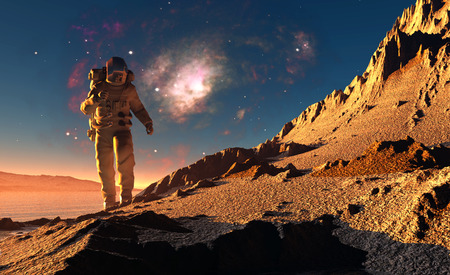 Astronaut runs on background of mountain lanshafty.の写真素材