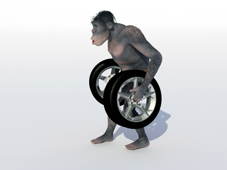 Primitive man has car wheels on a white background..の写真素材