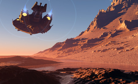 Spaceship on the background of the planet.