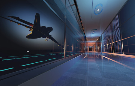 Passenger planes at the airport in the eveningの写真素材