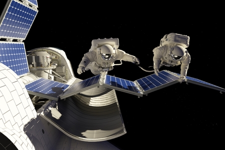 Astronauts in space around the solar battarei.Elemen ts of this image furnished by NASA