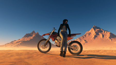 A girl and a motorcycle in the desert.の写真素材