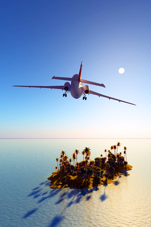 Passenger plane over the island.の写真素材